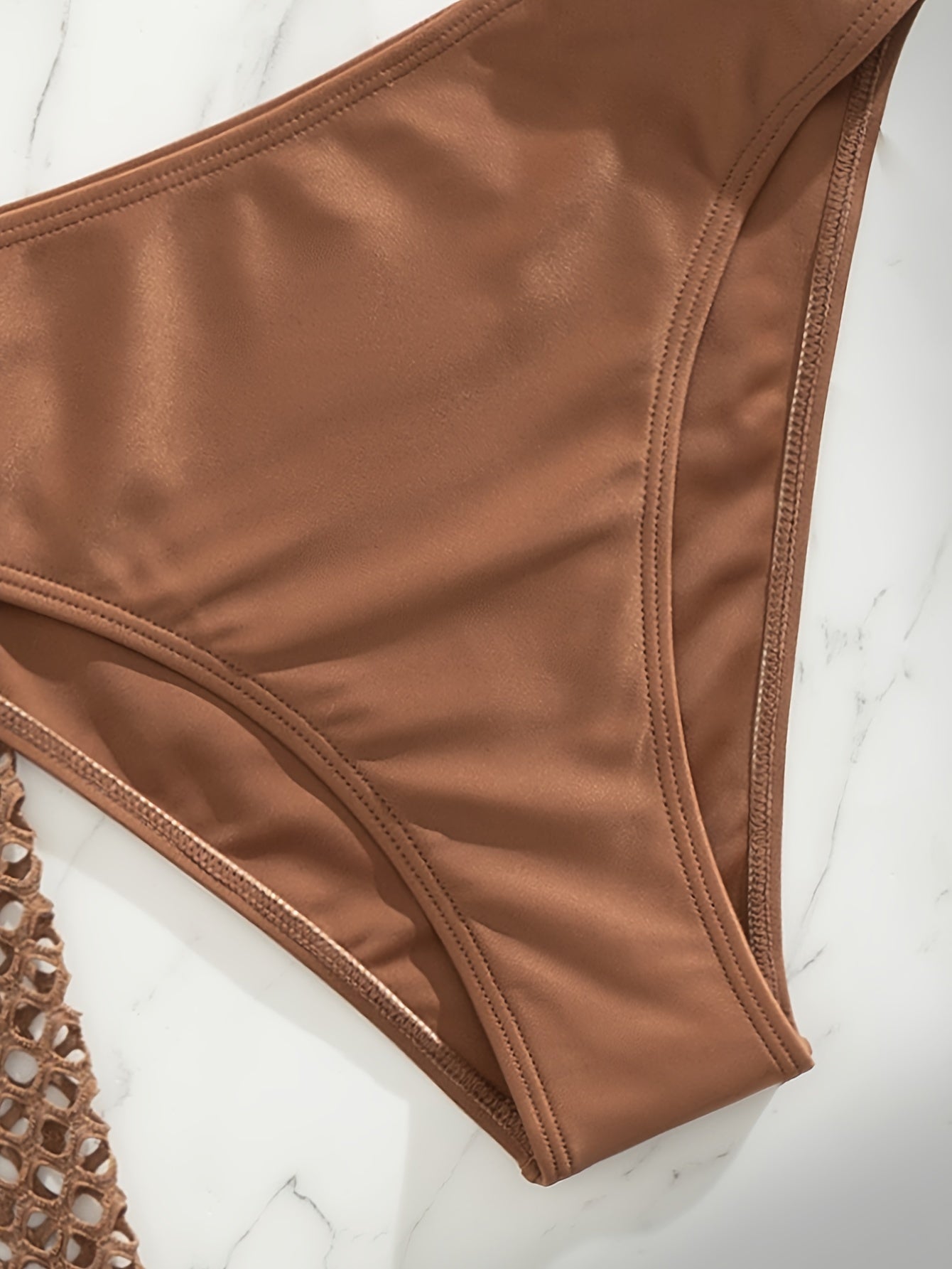 Women's Plain Brown Triangle Halter Tie Strap Backless Bikini With Hollow Out Cover Up 3 Piece Set Swimsuits -  For Summer Beach Vacations - Perfect Gift for Women