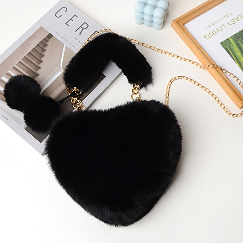 1pc Cozy Heart-Shaped Faux Fur Crossbody Bag, Polyester Plush Love Purse with Chain Shoulder Strap, Soft Pink/White/Black Fashion Handbag, Ideal for Christmas & Valentine'S Day Gifts