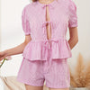 Women Two Piece Gingham Sets Short Sleeve Tie Front Peplum Tops And Shorts Going Out Sets Streetwear