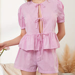 Women Two Piece Gingham Sets Short Sleeve Tie Front Peplum Tops And Shorts Going Out Sets Streetwear
