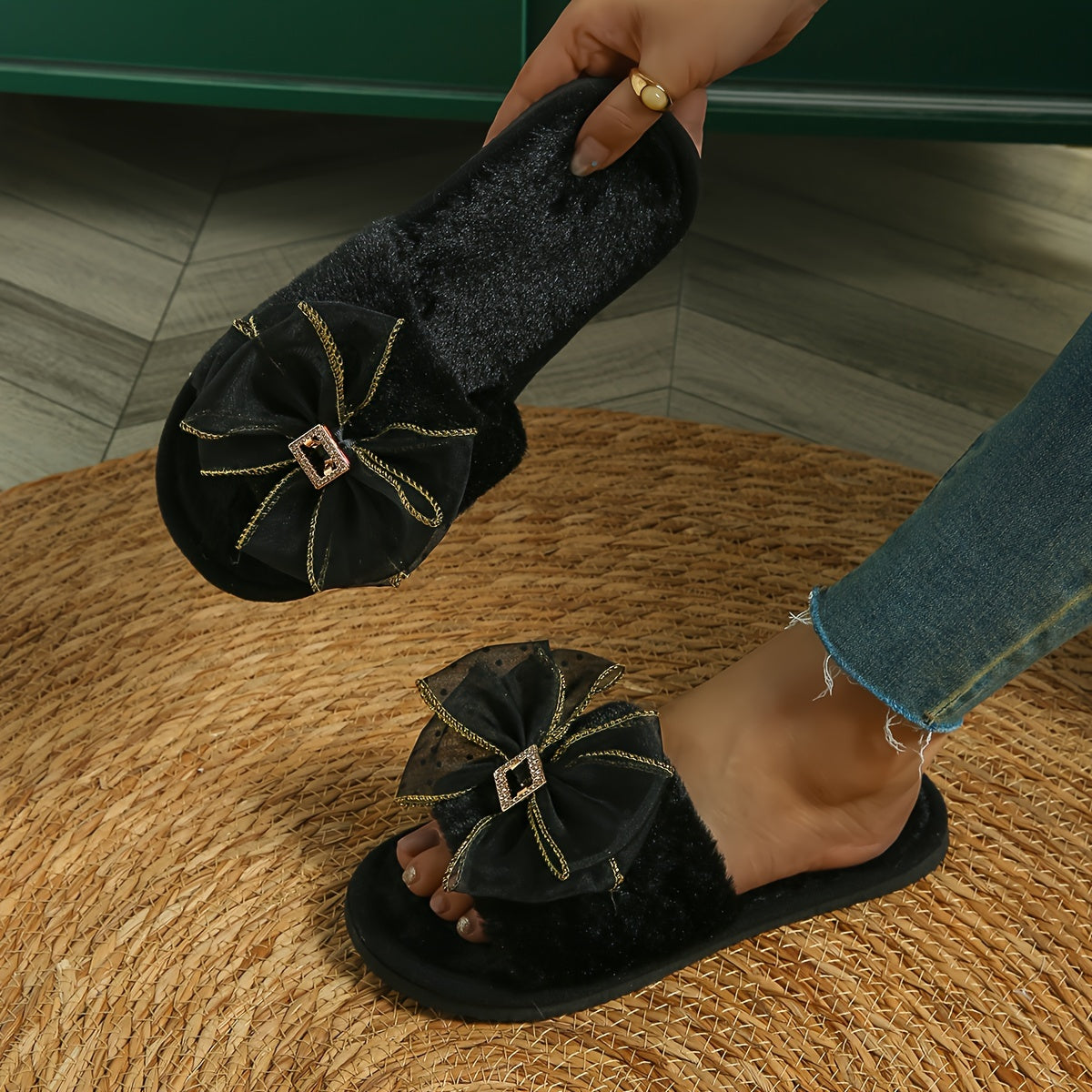 Women's Indoor Furry Slippers with Open Toe, Rhinestone and Bow Detail Elegant Home Slip-Ons in Plus Size Soft Comfort