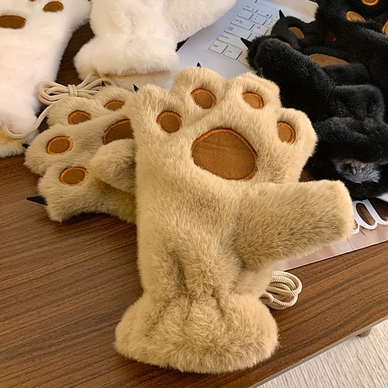 Cozy Cat Paw Plush Mittens - Ultra-Warm, Windproof Thick Fleece Gloves with Cute Animal Design for Cycling, Skiing & Outdoor Activities, White with Brown Accents