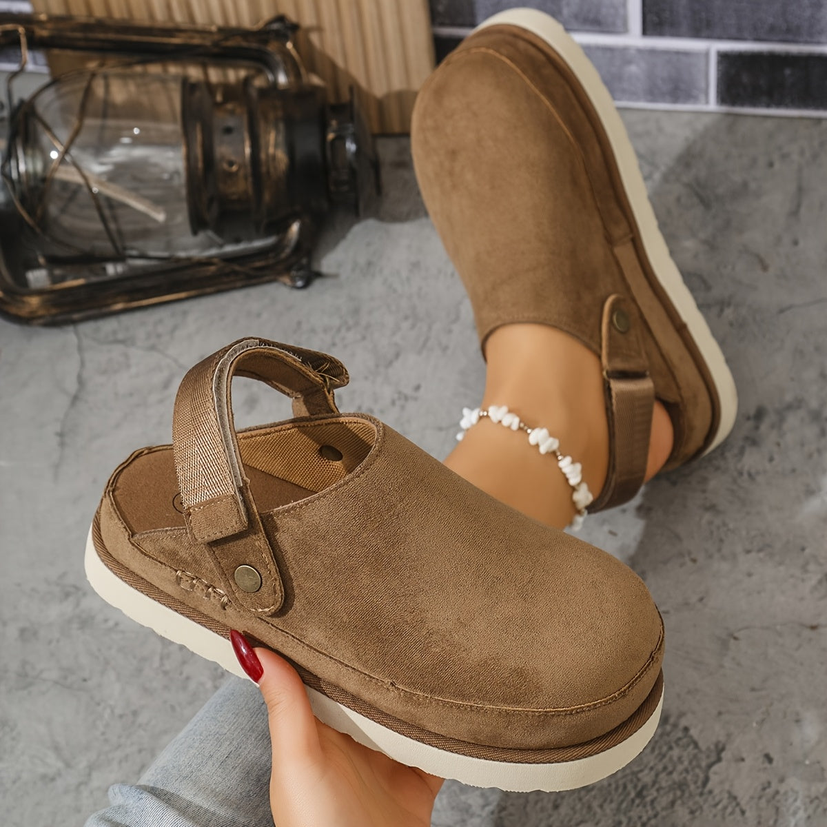Cross-border Large Size Bag Head Bucken Half-Drag Velvet Double Layer Heightening Outdoor Magic Thick Sole Women's Slippers