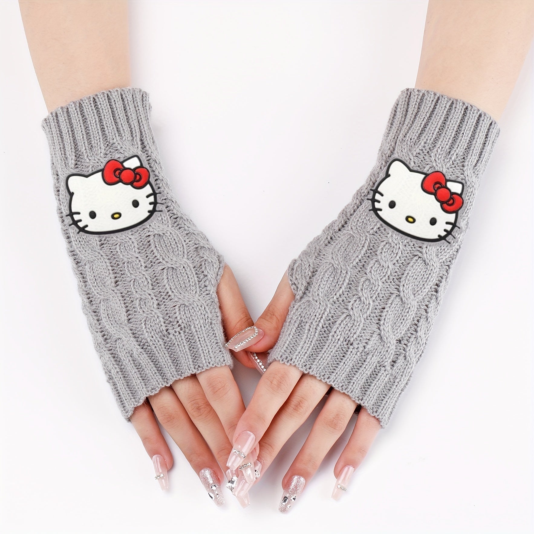 1pc of Sanrio Hello Kitty Cartoon Fashion Pvc Soft Rubber Big Head Decoration Autumn And Winter Leisure Knitting Open Finger Cuff Linen Pattern Short Gloves for Women to Work Cycling Interlocking Warm Wrist Gloves for Women C