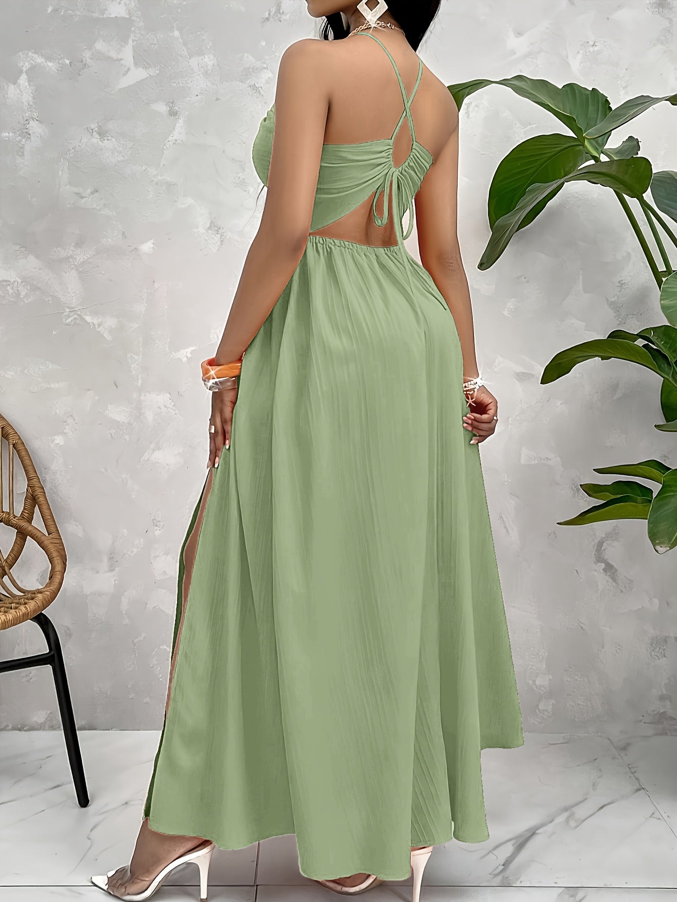 Stylish Women's Sexy Backless Split Dress - Vibrant Orange, Halter Neck, High-Waisted A-Line Cut, Polyester, Perfect for Spring/Summer, Evening Attire | Halter Neck Dress | Glossy Texture