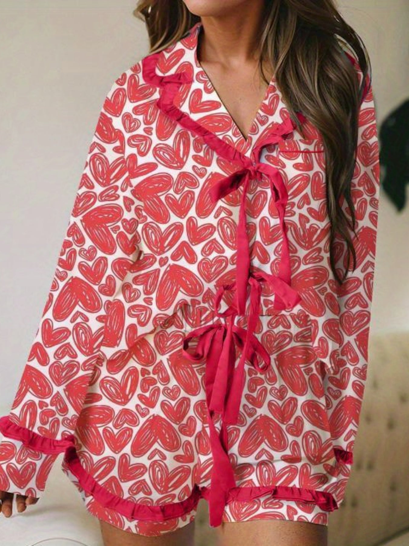 Women Aesthetic Pajamas 2pcs Long Sleeve Bow Lace Up Shirt and Shorts Spring Summer Loungewear Cute Heart Print Sleepwear