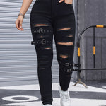 High-Waisted Distressed Denim Jeans For Women, Stretch Fabric Blend, Four-Season Fit, Fashionable And Trendy