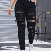 High-Waisted Distressed Denim Jeans For Women, Stretch Fabric Blend, Four-Season Fit, Fashionable And Trendy