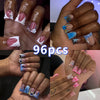 96pcs Press-On Nails Set, Blue & Pink, Duckbill Shape, Medium Length, with Jelly Glue & Nail File, Floral & Rhinestone Designs, Glossy Finish, Perfect for Girls & Women Gift