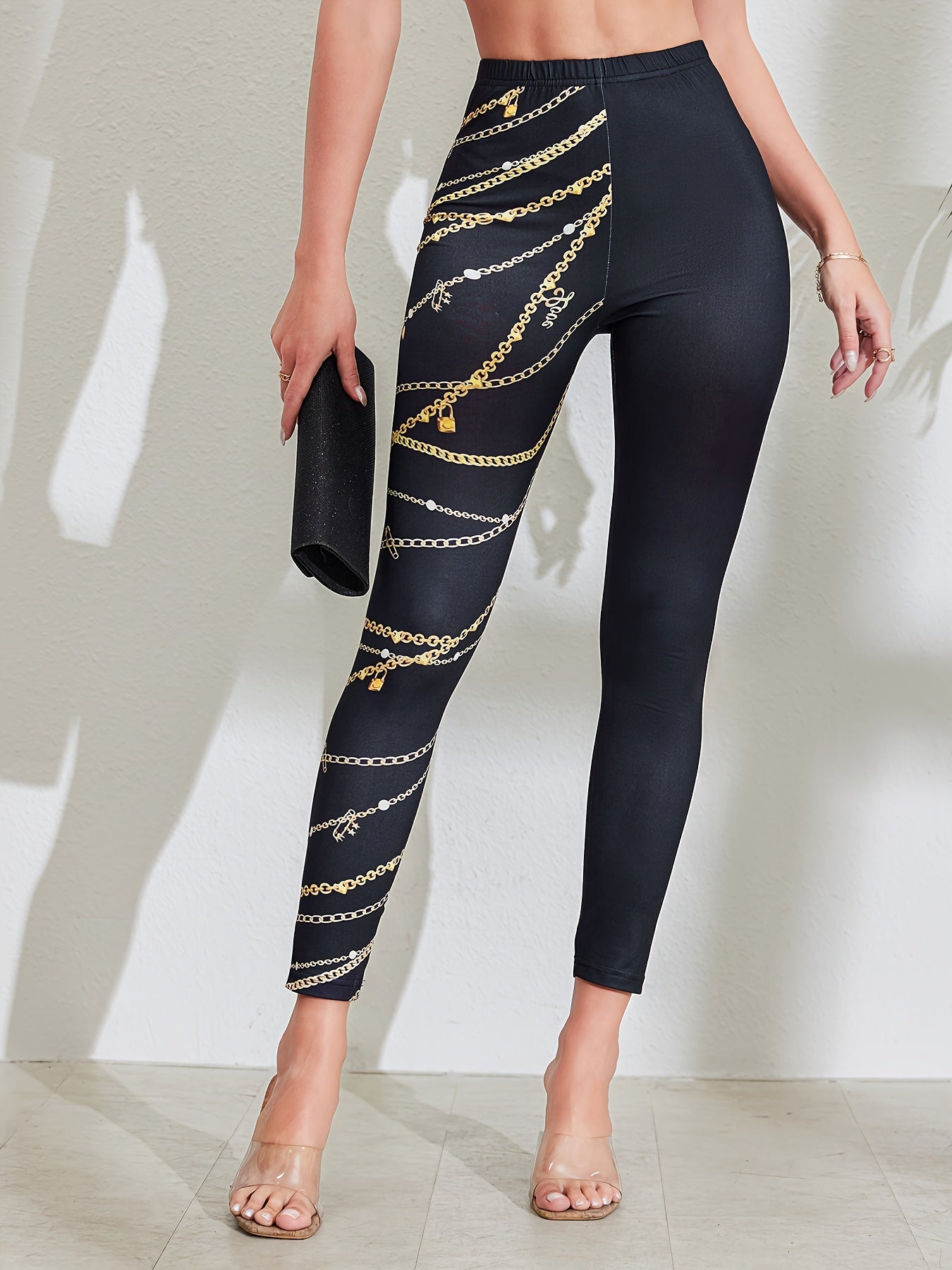 Stylish Black Leggings with Golden Chain Print - High-Waist, Stretchy & Comfortable, Polyester/Elastane Blend, Machine Washable - Versatile All-Season Wear for Women