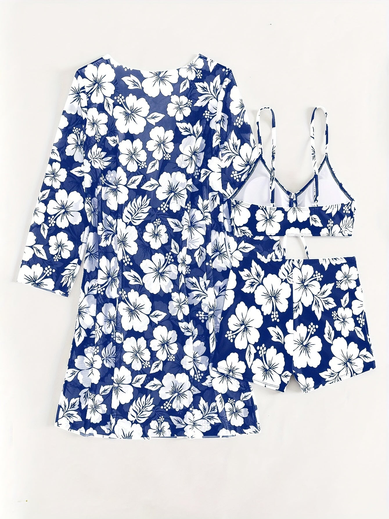 Floral Pattern 3 Piece Set Bikini, Drawstring V Neck Boxer Short Bottom With Long Sleeves Cover Up Shirt Swimsuits, Women's Swimwear & Clothing