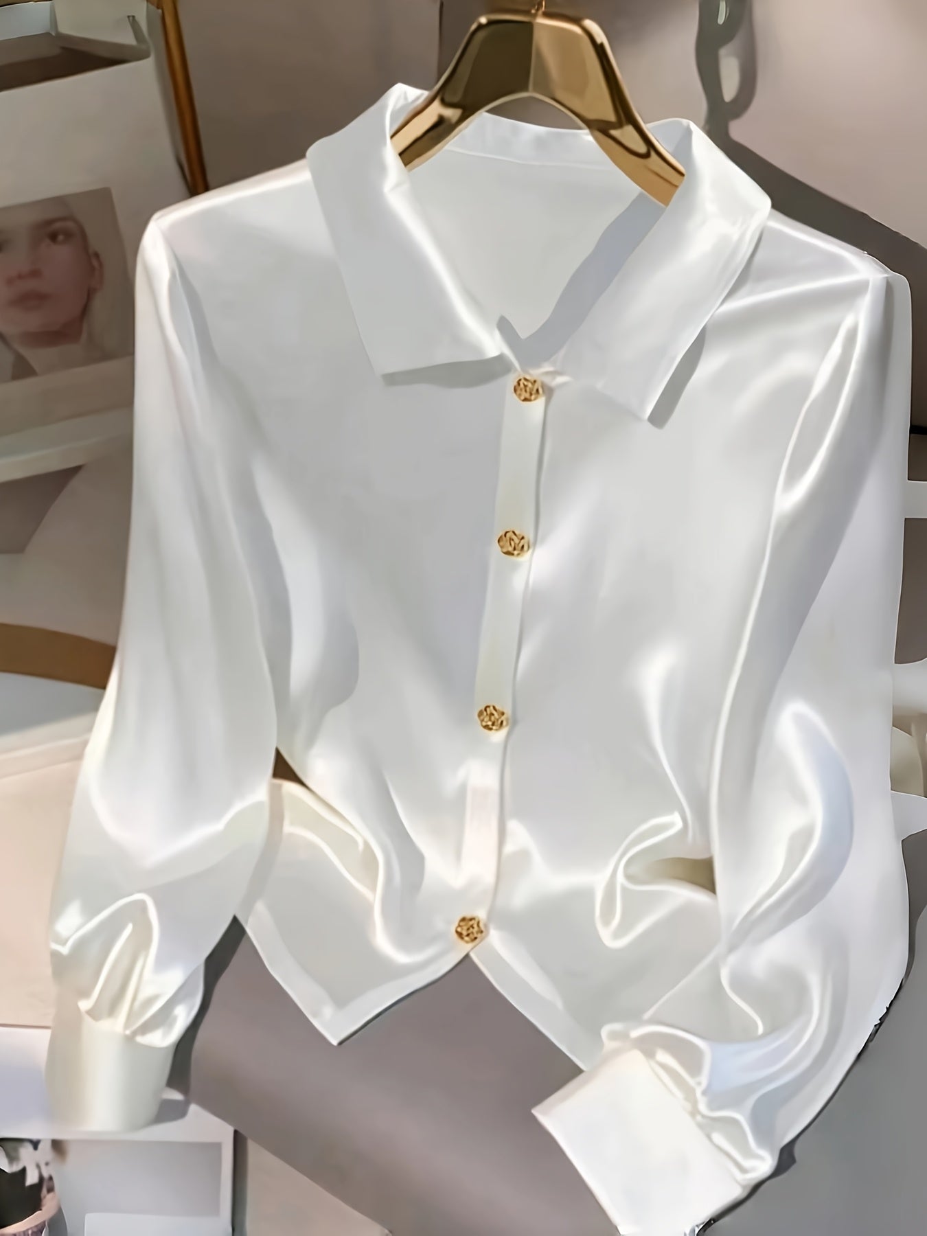 Women's Elegant Solid Color White Satin Blouse with Golden Button Details - Long Sleeve, Large Lapel Collar, Non-Sheer, Machine Washable, All-Season Casual Wear, Ladies Blouses