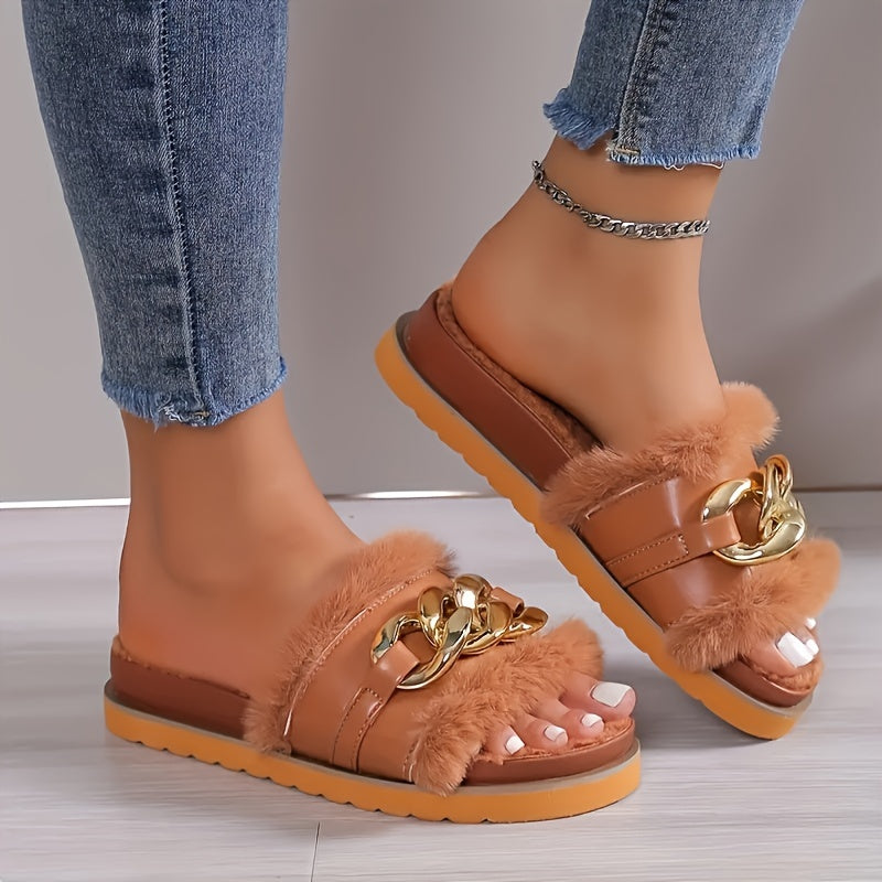 Womens Cozy Woolen Open Toe Slippers - Ultra-Soft Plush Lining, Thick and Warm Flat Sole, Elegant Golden Chain Accent - Perfect for Autumn and Winter Home Lounging