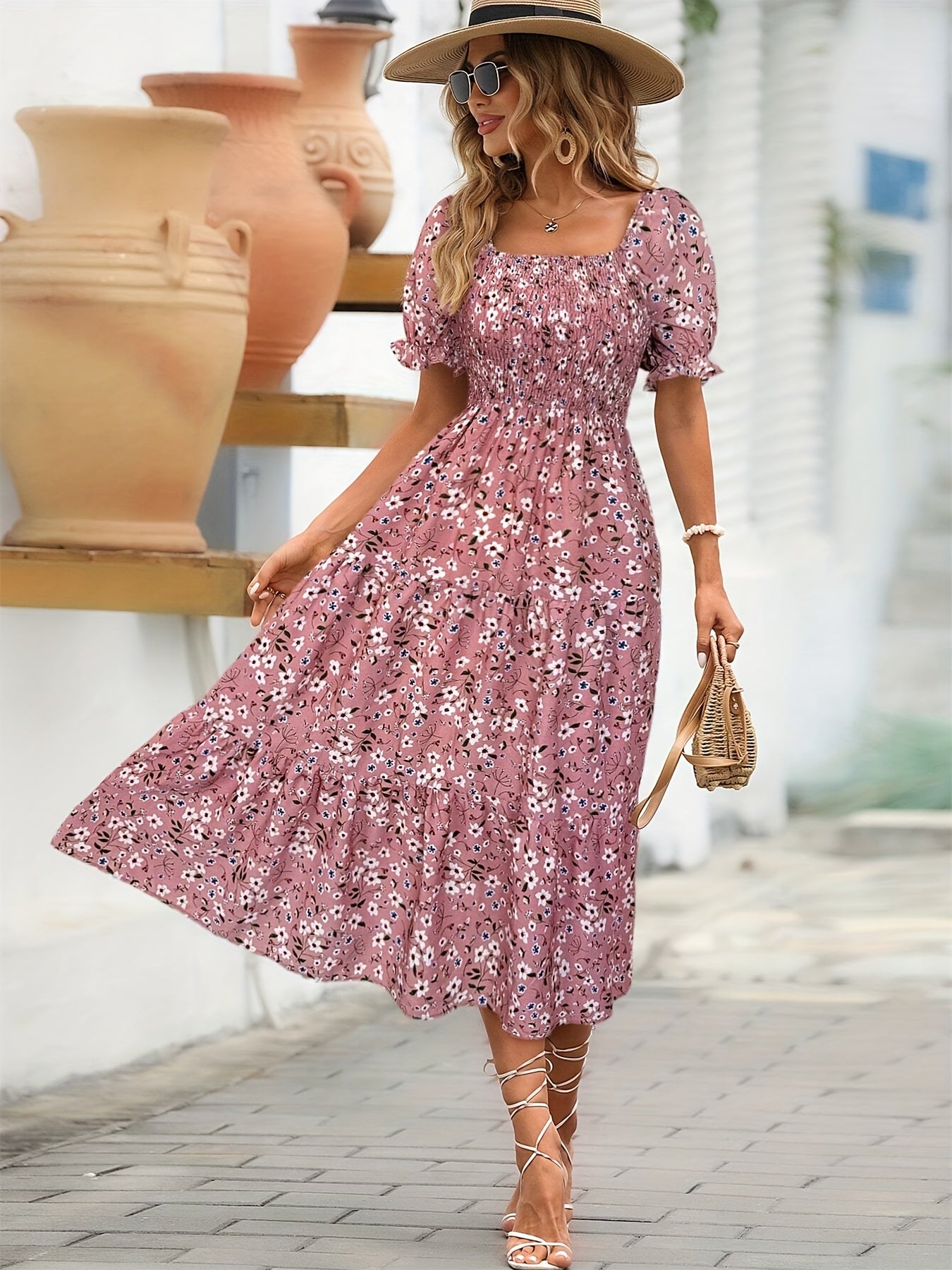 Women'S Elegant Floral Print Midi Dress with Ruffle Sleeves and Square Neck - Loose Fit, Sleeveless, Polyester Lined, Perfect for Spring/Summer, Casual Attire|Floral Print Dress|Polyester Lined Dress