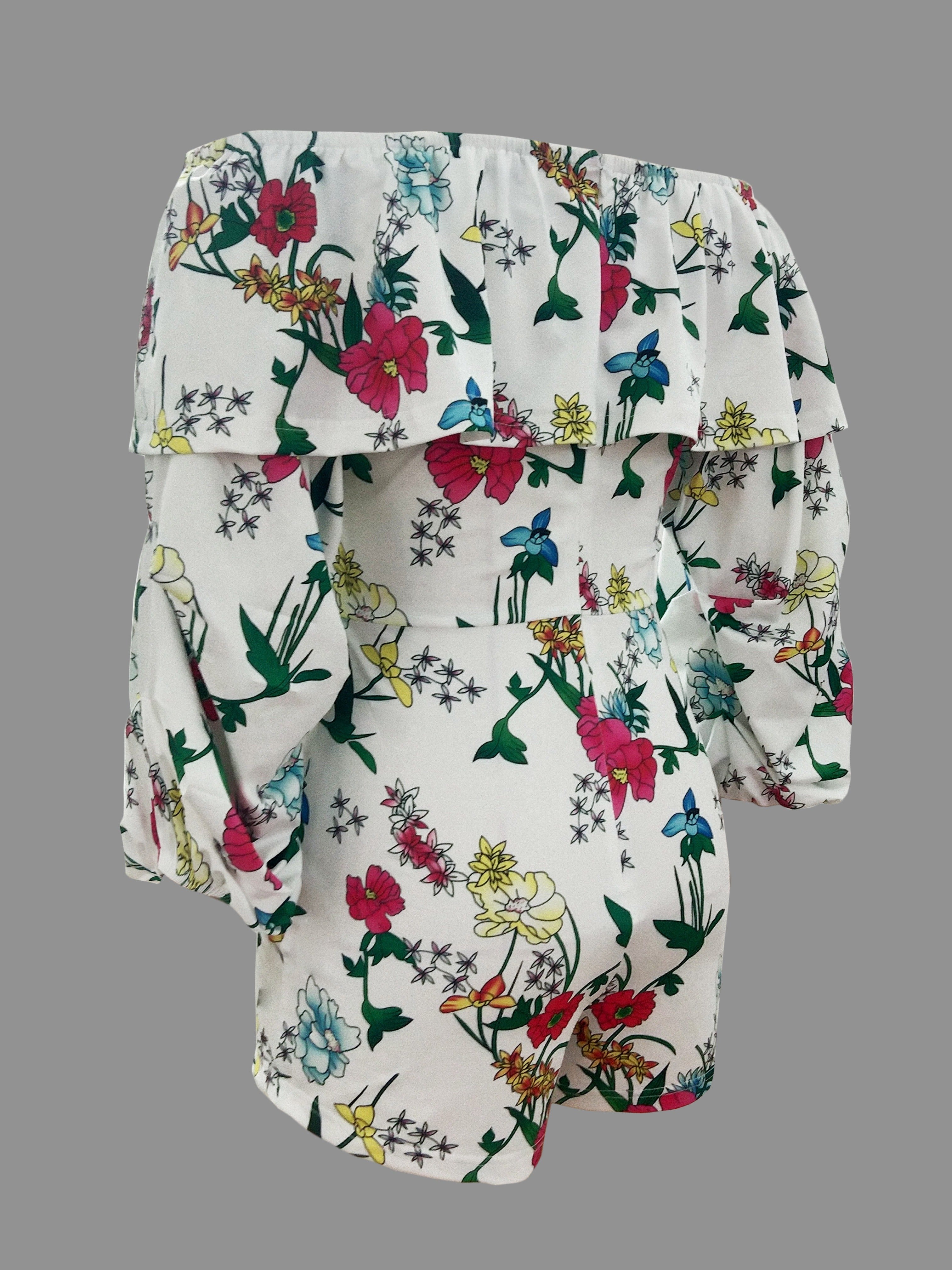 Floral Print Off Shoulder Romper Jumpsuit, Elegant Backless Tie Waist Ruffle Trim Skinny Romper Jumpsuit, Women's Clothing