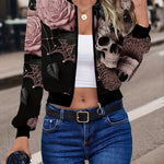 Vibrant Floral & Skull Print Zip-Up Jacket - Long Sleeve, Casual, Spring & Fall Essential, Women's Fashion Clothing with Adjustable Waist and Comfortable Fit
