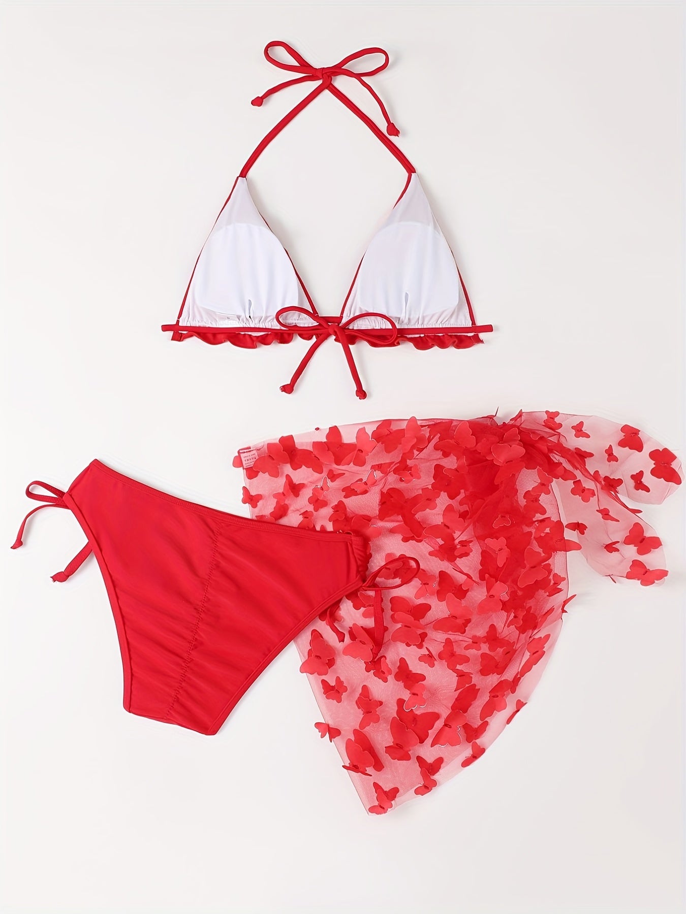 Solid Color Butterfly Applique 3 Piece Set Swimsuits, Triangle Halter Tie Strap Lettuce Trim Bikini, Women's Swimwear & Clothing