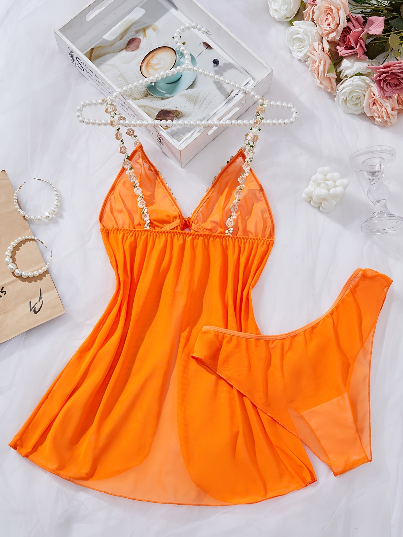 Women's Sexy Front Tie Design Sensual Half-Transparent Lace Sleepwear