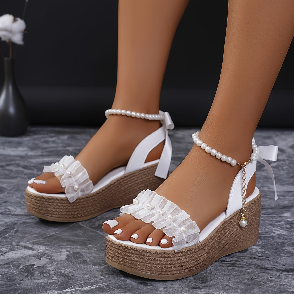 Chic Faux Pearl Wedge Sandals 2024 - Open Toe, Ankle Strap, Platform Heel in Solid Color