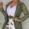 Women's Lace Stitching Long Sleeve Suit Jacket Belt Print Shorts Pants Set