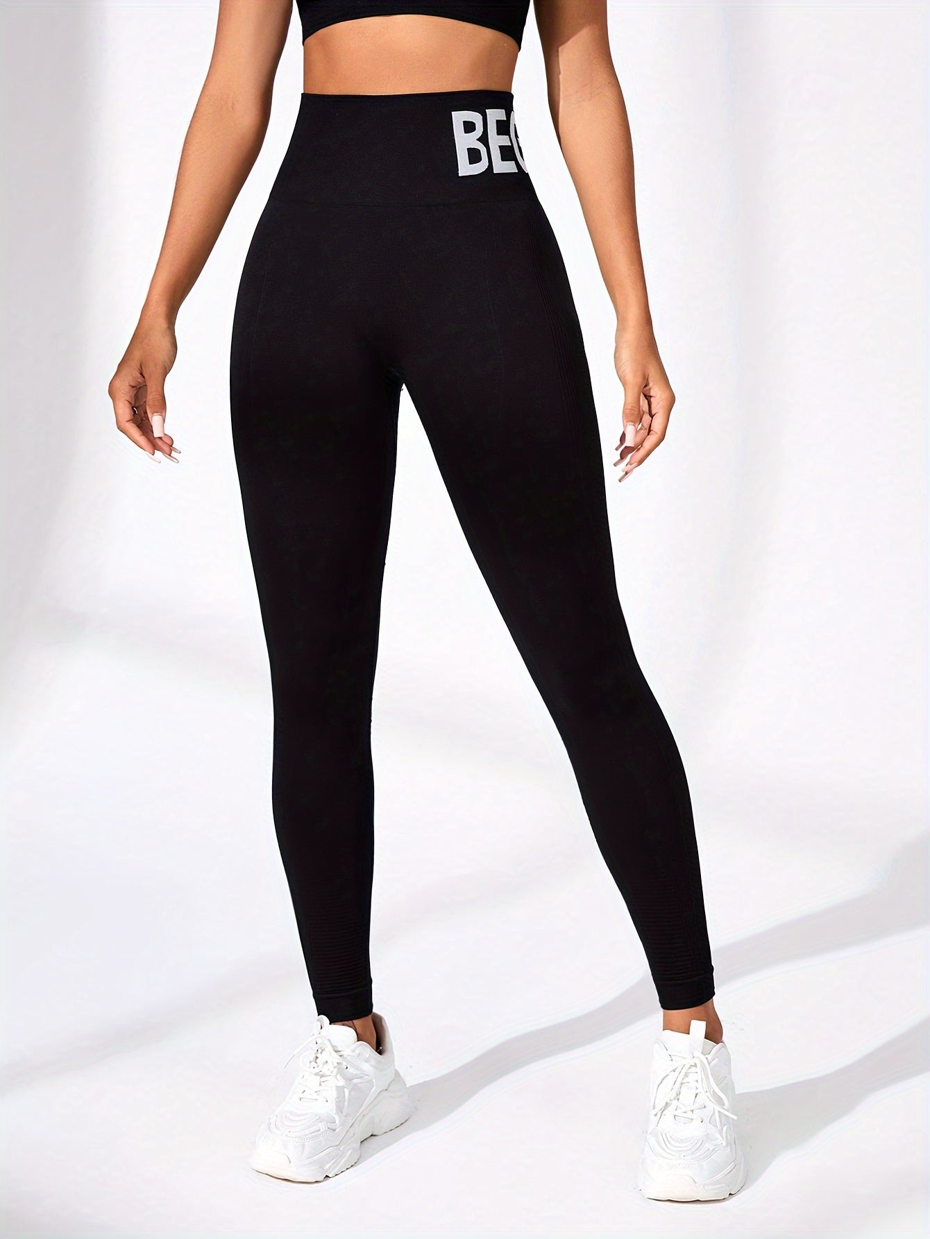 Women's Seamless High Waist Sports Leggings, 2 Pack Knit High Stretch Letter Print Yoga Leggings