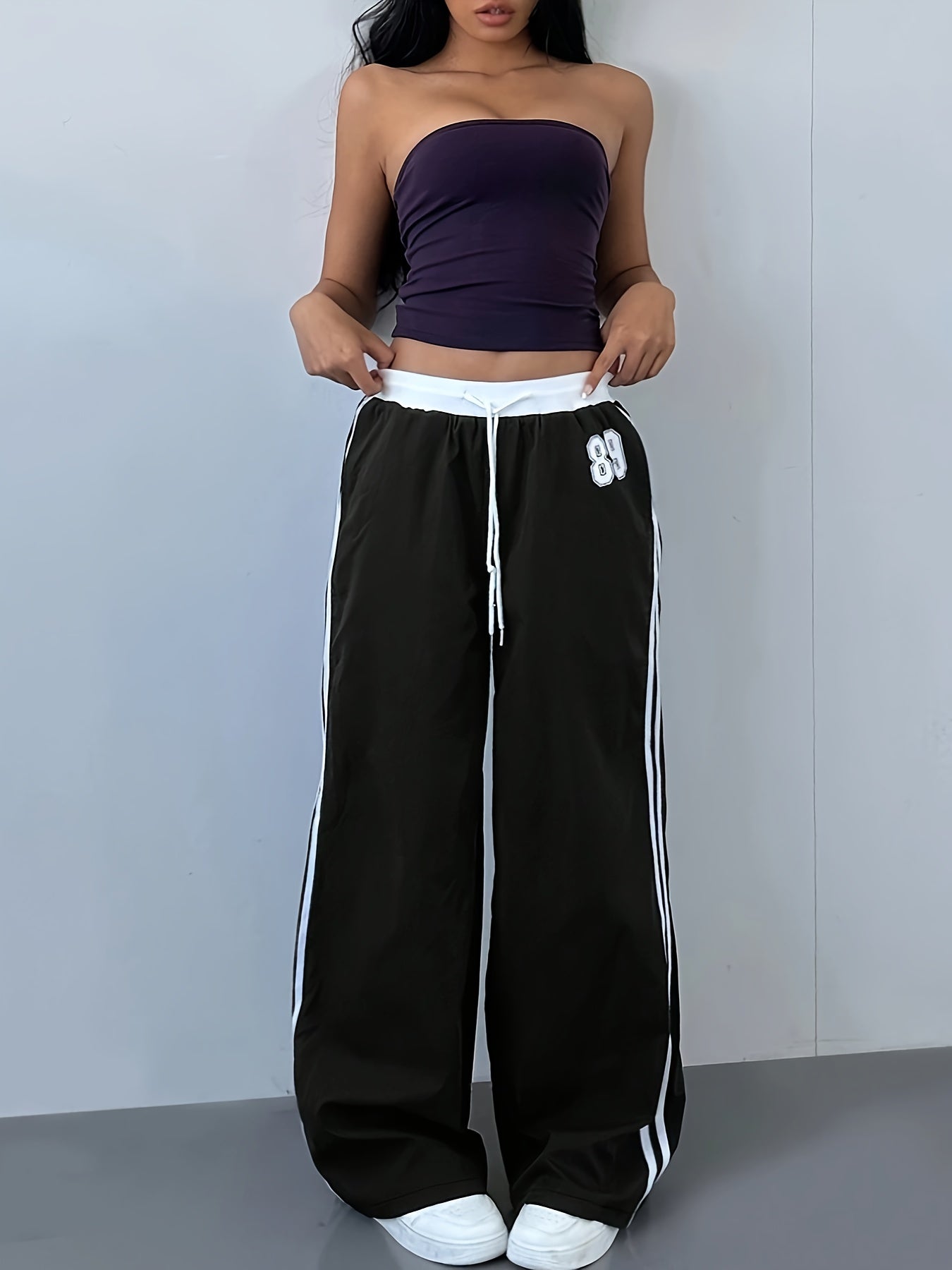 Women's Y2K Fashion Casual Pants - Navy Blue Striped Straight-Leg Trousers with Letter Detail, Drawstring Waist, Machine Washable, Polyester and Elastane Blend, Casual Wear Pants | 90S Inspired Fashion | Smooth Fabric Finish