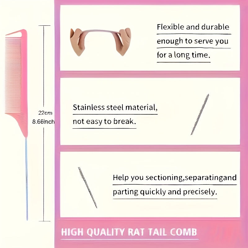 12pcs Hair Brush Set, Nylon Teasing Hair Brushes 3 Row Salon Teasing Brush, Double Sided Hair Edge Brush Smooth Comb Grooming, Rat Tail Combs With Duckbill Clips For Women Girls
