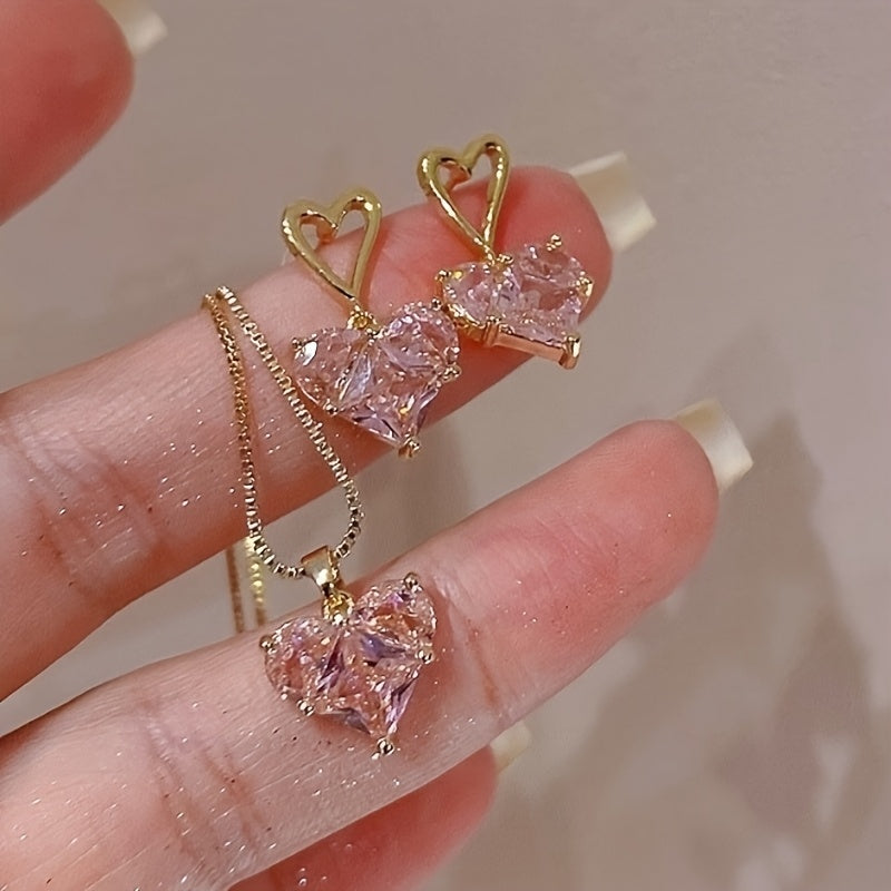 3pcs Y2K-Inspired Pink Heart Bling Jewelry Set - Sparkling Earrings and Necklace, Perfect for Daily Wear, Dates, Vacations & Parties, Date Night Jewelry|Heartshaped Bling|Goldtone Alloy, Jewelry & Accessories