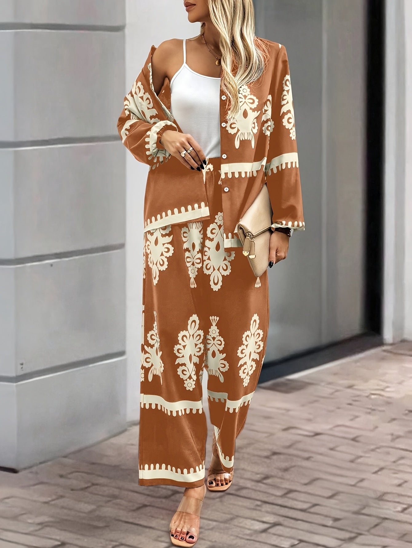 2pcs Elegant Special Set for Women with Random Print Front Button Long Sleeve Top and Pants Casual Suit
