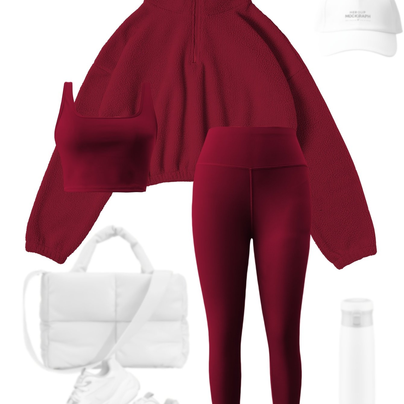 3pcs Maroon Fleece-Lined Yoga Outfit Set: Stretchy Sports Bra, High-Waist Leggings & Half-Zip Sweatshirt - Cozy, Slimming Autumn/Winter Workout Gear for Women, Casual Activewear|Elegant Sports Attire|Stretchy Polyester Blend