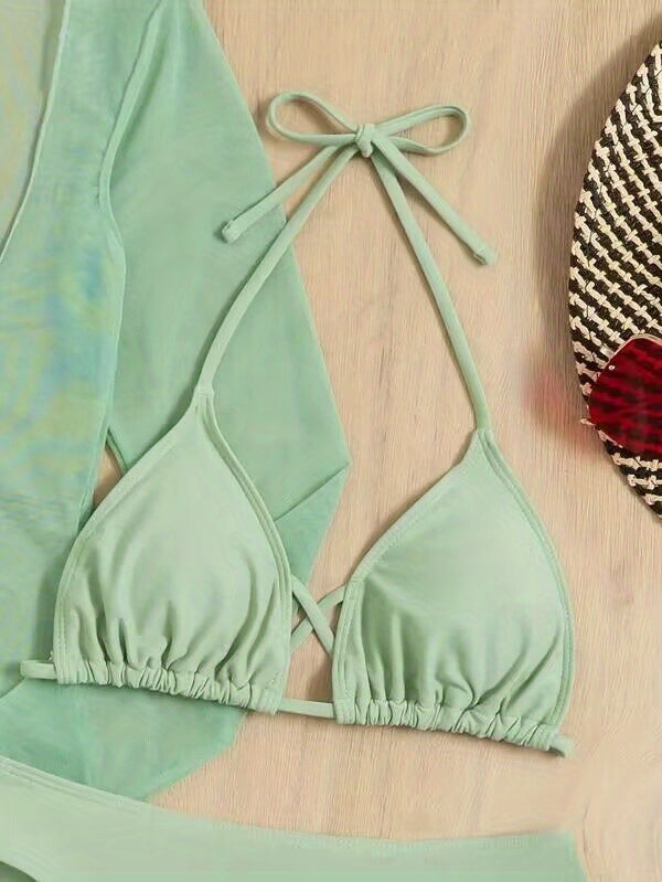3-Pieces Green Bikini Sets, Halter Neck High Cut With Drawstring Long Sleeves Cover Up Dress Swimsuit, Women's Swimwear & Clothing Triangle Top