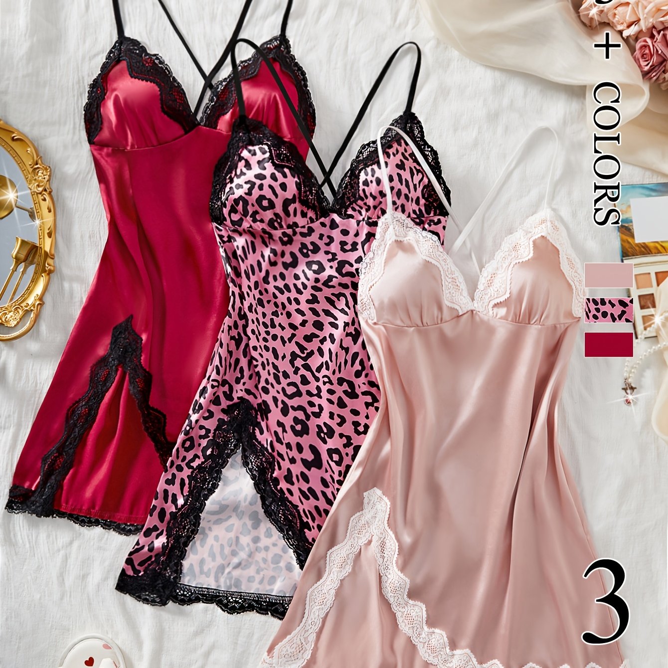 Elegant 3pcs Lace Trim Pajama Set for Women - V-Neck, Backless Slip Dresses with Side Split, Soft Polyester & Elastane Blend, Perfect for All Seasons