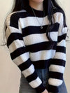 Women's Striped Long Sleeve Sweater - Casual Loose Fit, Black and White Knit Pullover for Fall, Soft Polyester Blend, Spring Summer Apparel|Horizontally Striped|Knit Texture
