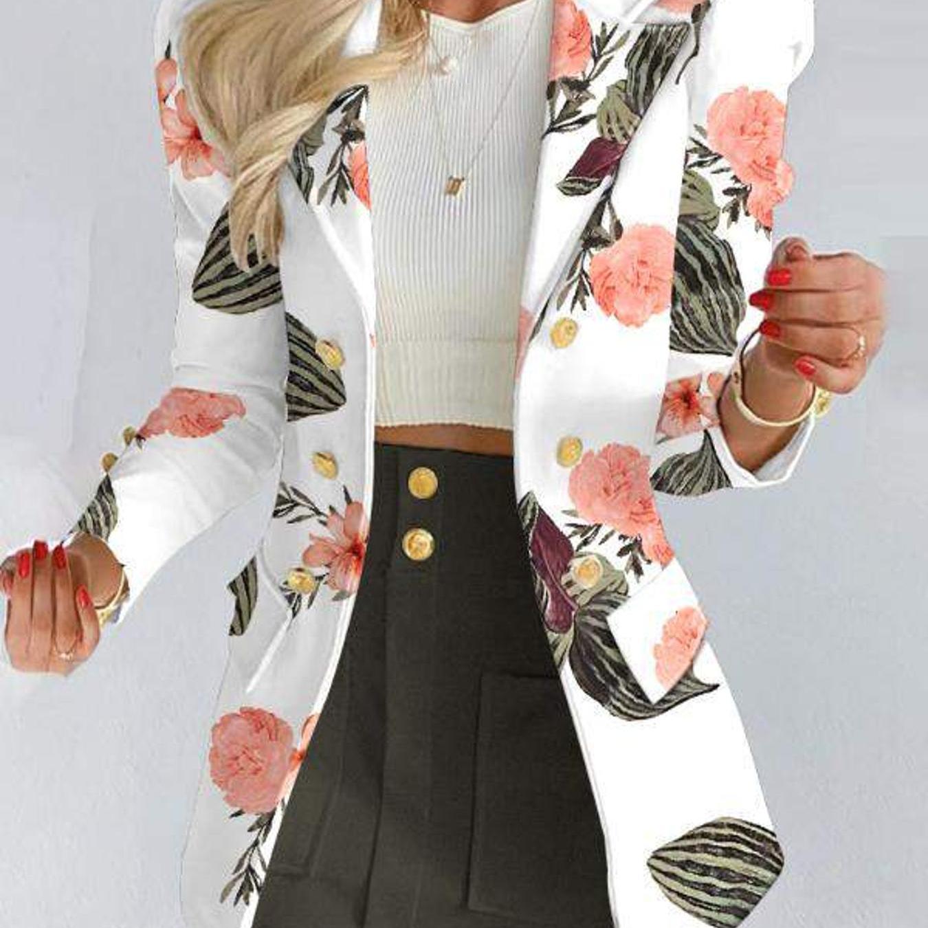 FLORAL PRINT PUFF SLEEVE DOUBLE BREASTED BLAZER SKIRT SET
