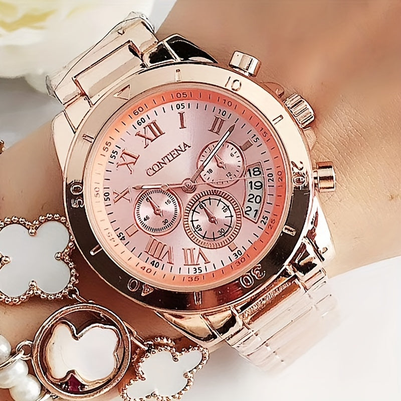 Quartz Watch For Women Stainless Steel Wrist Watch Alloy Pointer With Bracelet Set For Gifts Women daily uses Gifts For Eid