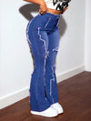 Women's High-Waisted Flared Jeans - Mid-Stretch Denim Pants with Details, Dark Blue Flattering Fit, 73% Viscose Blend, All-Season Comfort & Versatile Casual Wear