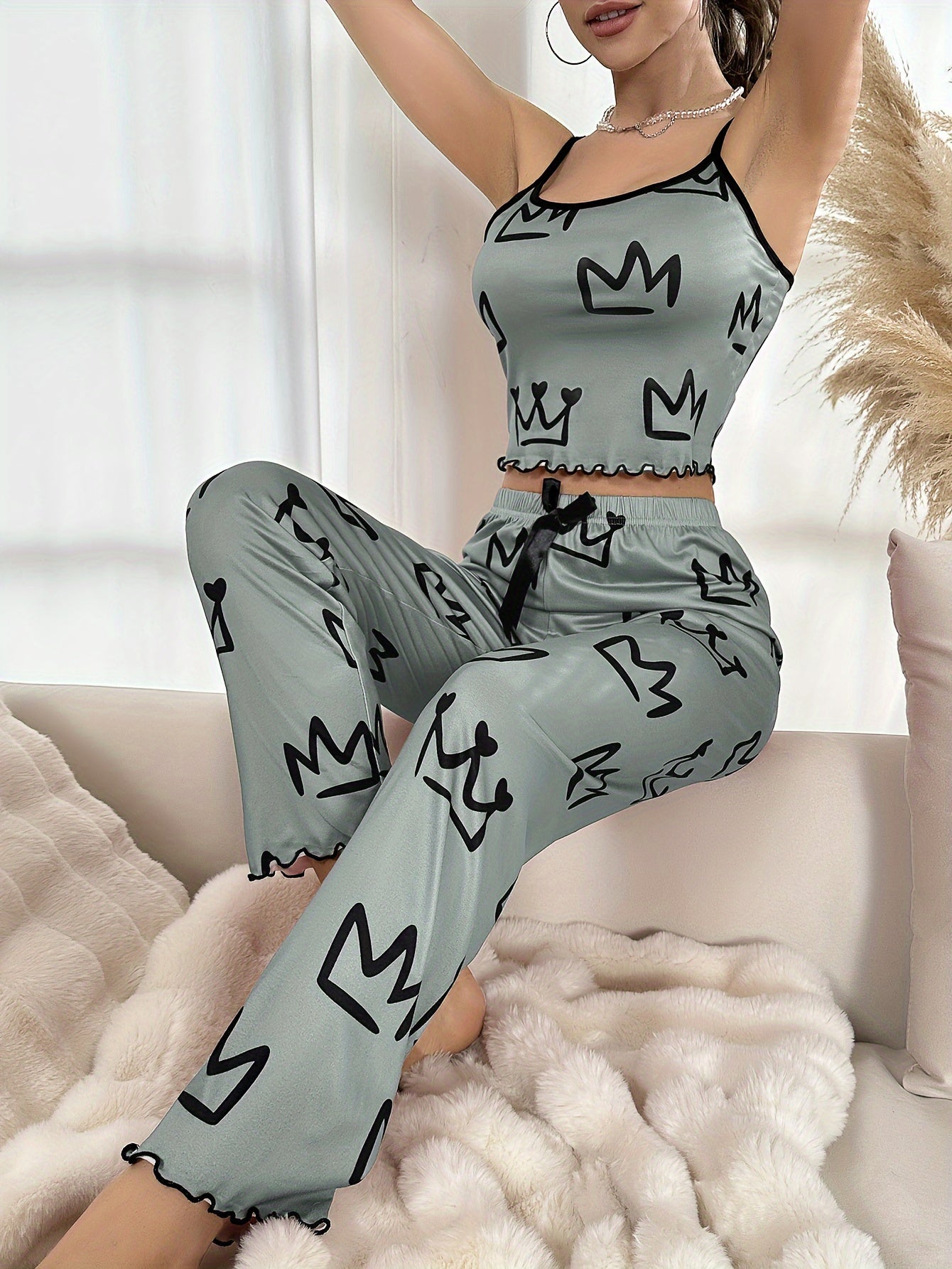 Adult Crown Print Pajama Set - Sexy Style, Sleeveless Spaghetti Strap Top & Long Pants with Bow Detail, Polyester Blend, All-Season Comfort, Bedroom Essentials|Sexy Pajama Set|Polyester Fabric