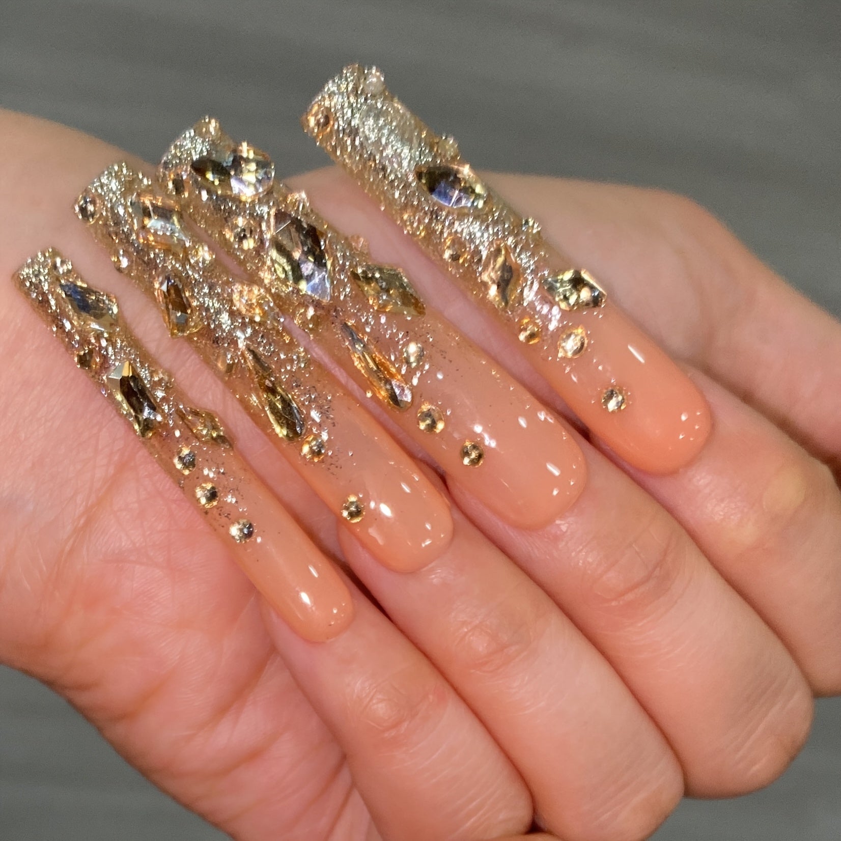 Luxury 10pcs Set Handmade Champagne Golden Full-Coverage Rhinestone Extra-Long Press-On Nails | Party & Salon Accessories | Festive Gift for Women | Golden Glam Art Nails with Ultra-Sparkling Hand-Set Crystals