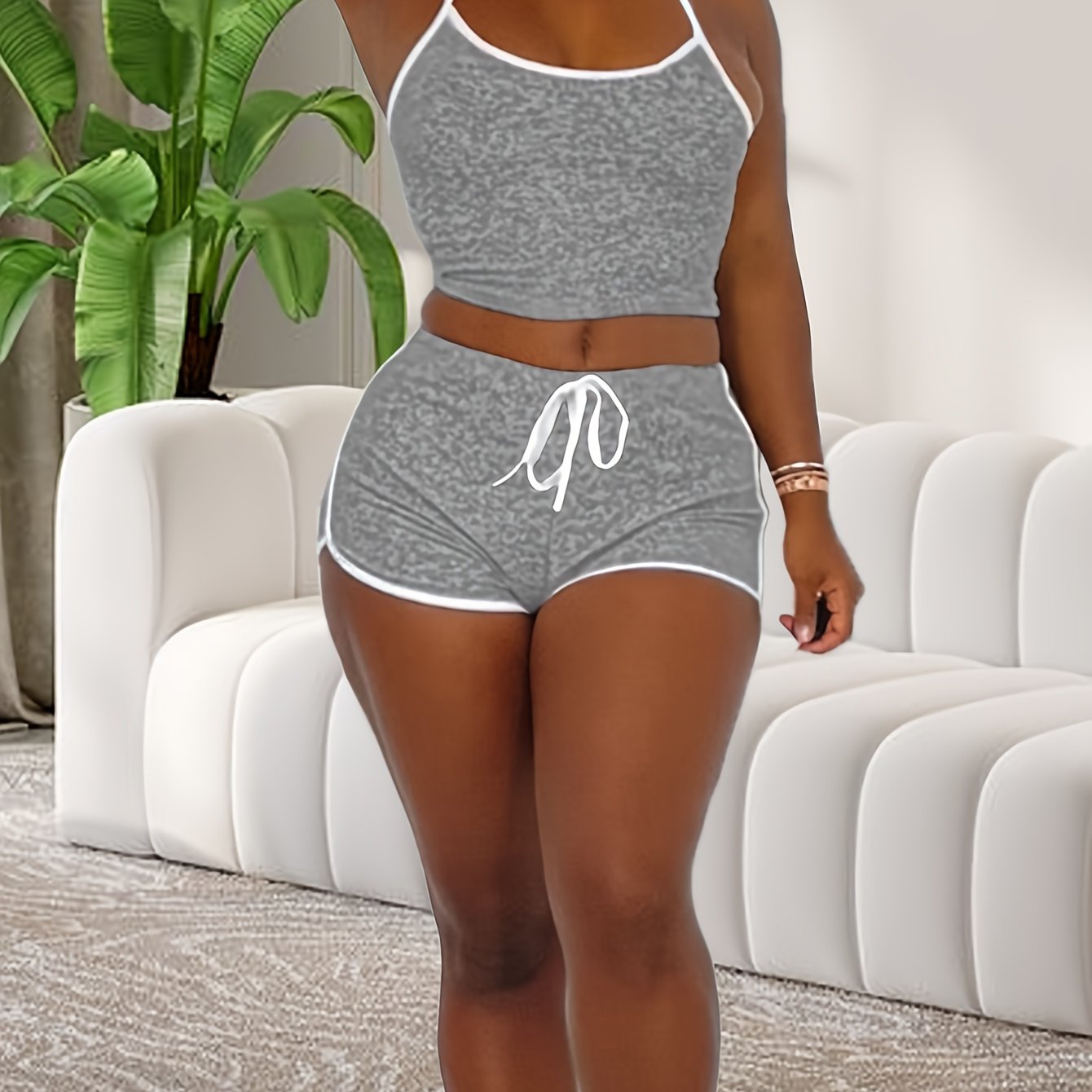 Sexy Solid Binding Lounge Set, Halter Neck Backless Crop Cami Top & Elastic Shorts - Women's Loungewear & Sleepwear - For Women - Perfect for Relaxing at Home - Ideal Gift for Her