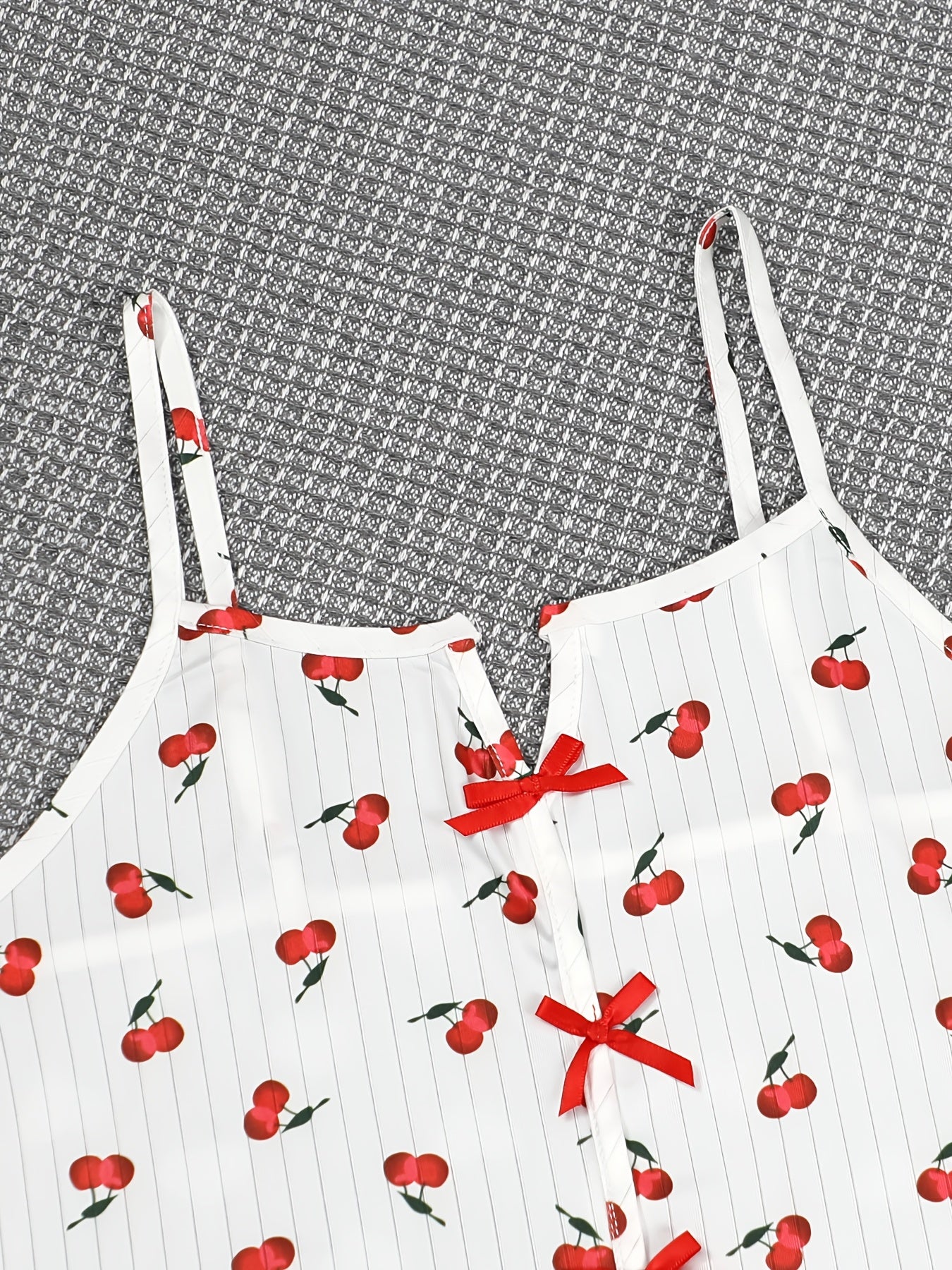 [Cherry Print Knit Pullover Pajama] Women'S Elegant Cherry Print Pajama Set, Sexy Spaghetti Strap Backless Long Pants, Knit Fabric Pullovers with Contrast Mesh, Polyester 95% Elastane 5%, Spring/Summer/Fall Sleepwear