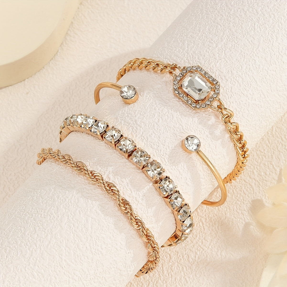 4pcs/Set Elegant Imitation Gemstone Rhinestone Claw Chain Twist Bracelet Open Bangle for Women, Perfect for Vacation & Casual Attire