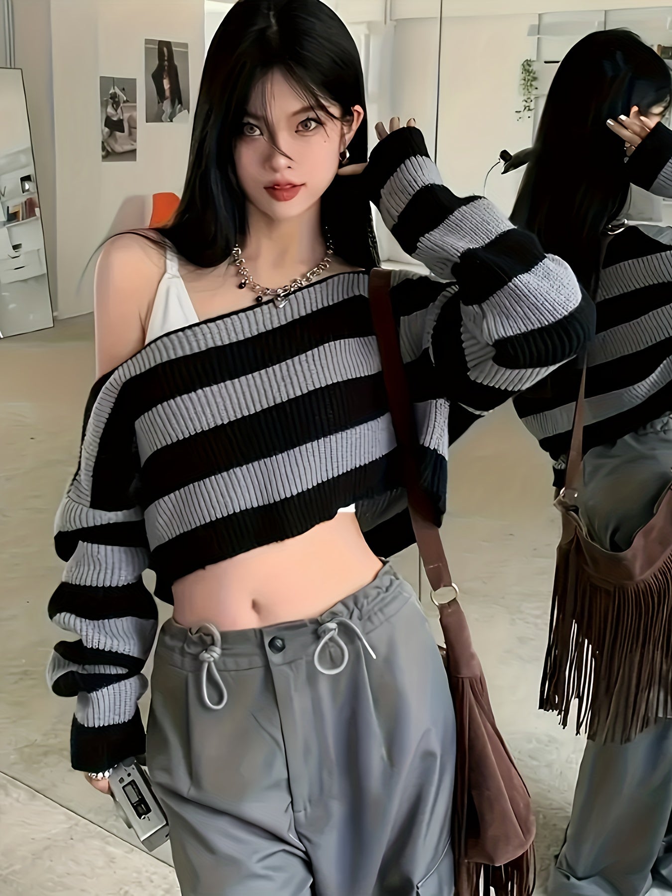 Chic Striped Crop Sweater for Women - Long Sleeve, Round Neck, Polyester Knit Pullover
