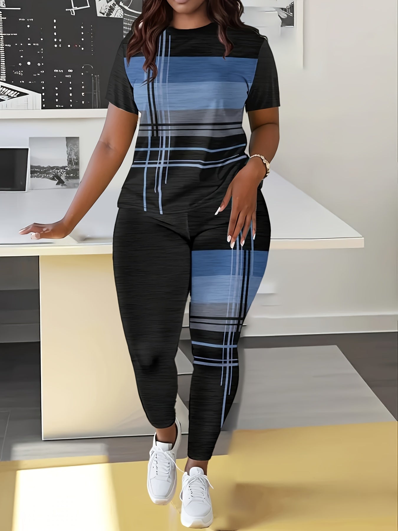 Yumi Duo Direction, Women's Printed Short Sleeve T-shirt + Long Pants Two-piece Set