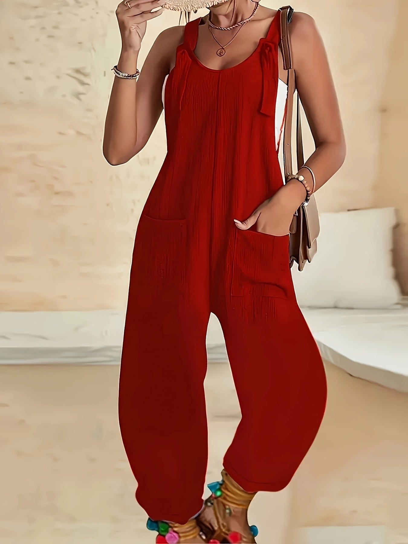 Solid Color Pockets Overall Jumpsuit, Casual Knot Front Loose Overall Jumpsuit For Spring & Summer, Women's Clothing
