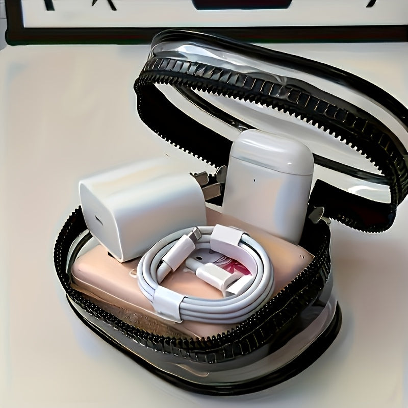 One Portable PVC Cable Storage Box, Casual Style Transparent Charger Storage Box for Headphones and Data Cables, Portable Cable Organizer with Keychain for Chargers, Can also be used to store headphones, cables, jewelry, etc.
