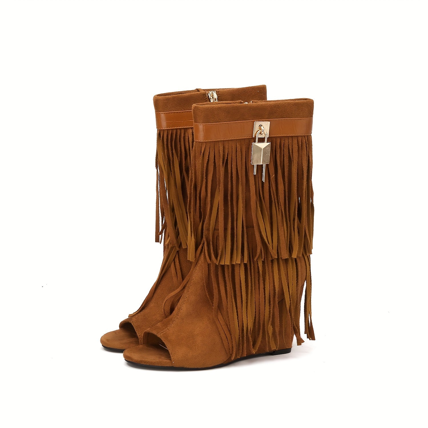 Women's Tassel Decor Wedge Heeled Boots, Fashion Peep Toe Side Zipper Boots, Stylish Western Booties