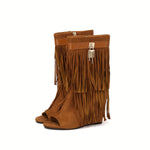 Women's Tassel Decor Wedge Heeled Boots, Fashion Peep Toe Side Zipper Boots, Stylish Western Booties