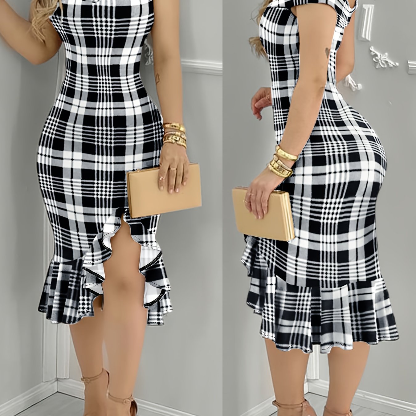 [Ruffle Detail Print Dress] Timeless Black & White Print Dress - Chic Ruffle Detail, Polyester & Spandex Blend, Machine Washable - Split Hem