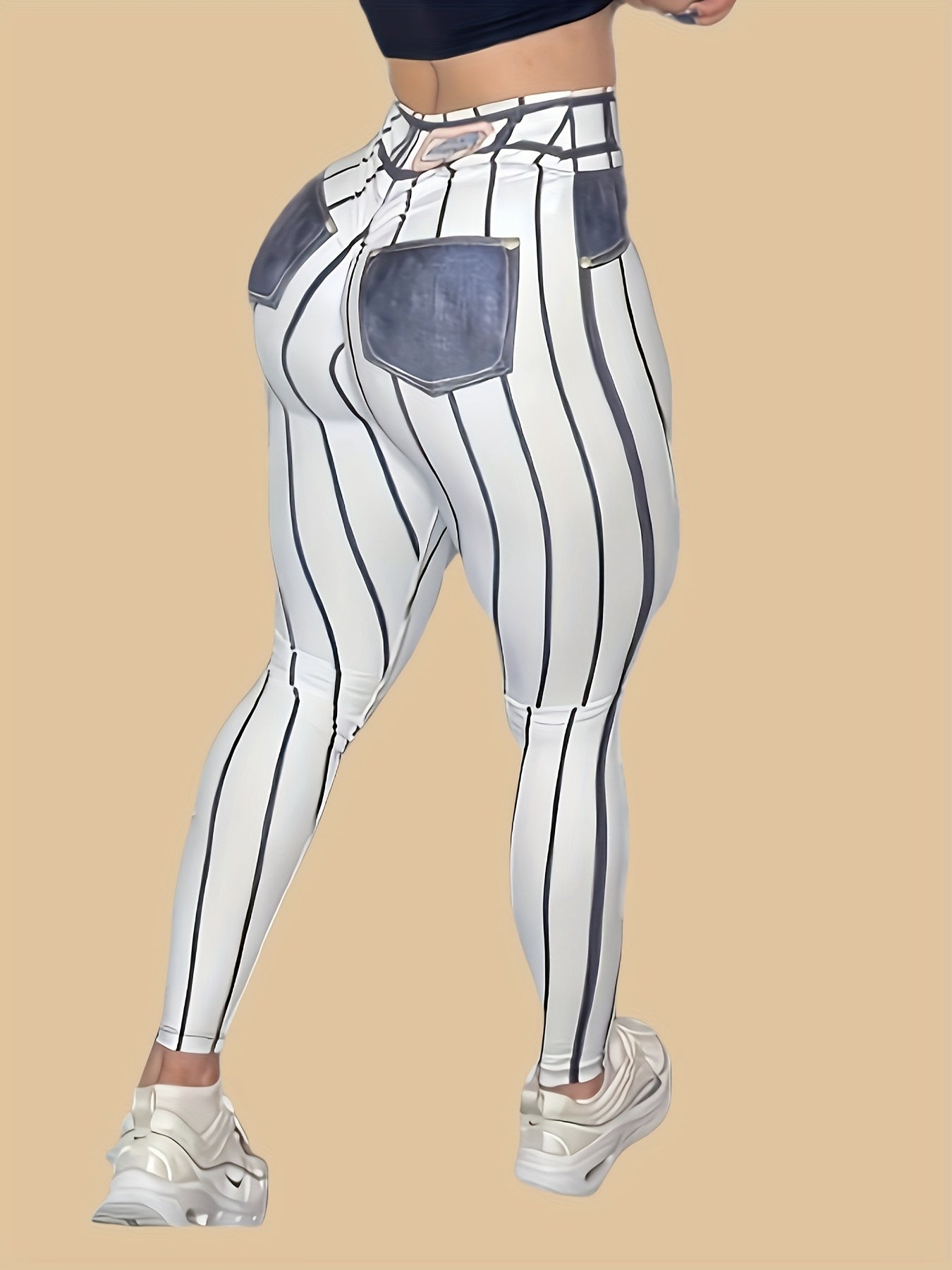 High-Waist Denim-Look Yoga Pants for Women - Sexy Fitness Leggings with Trendy Striped Design, Red & White Vertical Stripes, Stretchy Polyester Blend, Machine Washable, Perfect for Yoga, Running, and Gym Workouts, Athletic We
