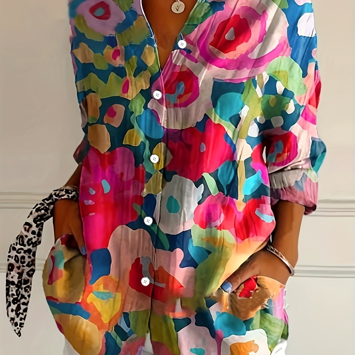 Mother's Day Retro Floral Print Simple Shirt, Casual Button Front Long Sleeve Shirt, Women's